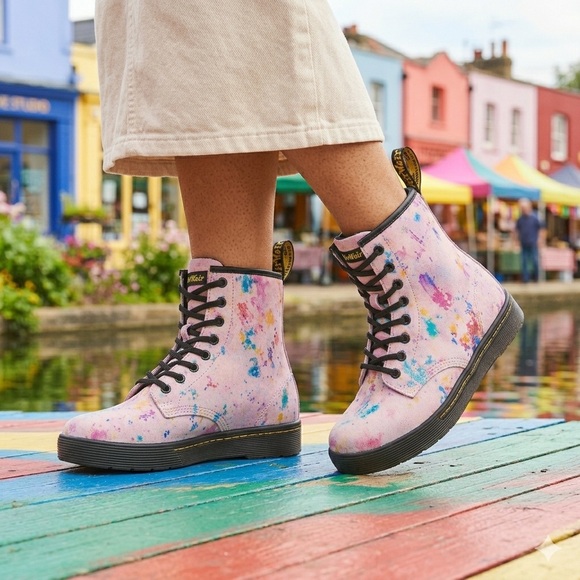 Dr. Martens Shoes - DR MARTENS Sheridan Pink Confetti Suede Lace-Up Boots Rainbow Burst